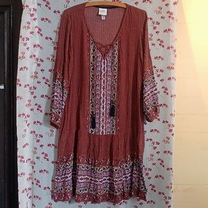 Women's XL Mauve Boho Prarie Dress Lace up front w/ tassels by Knox Rose